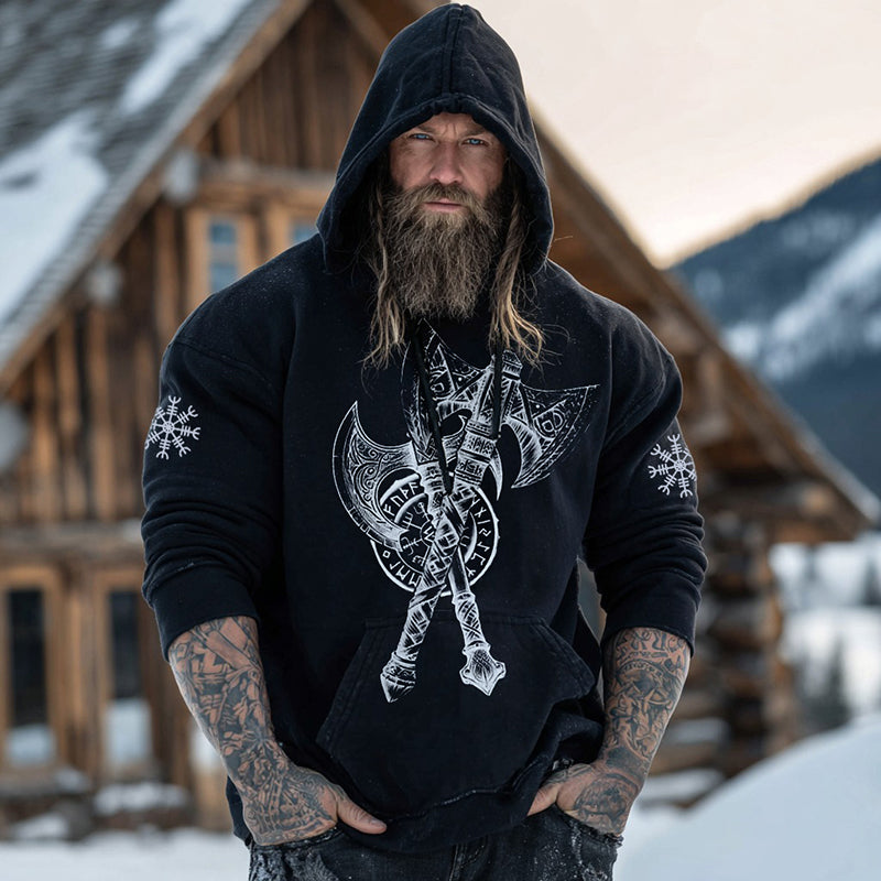 Comstylish Men's Retro Viking Vegvisir With Axe Print Graphic Hoodie