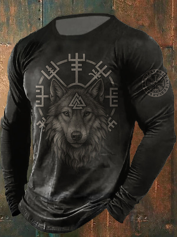 Comstylish Retro Viking Wolf Graphics Long-sleeved T-shirt