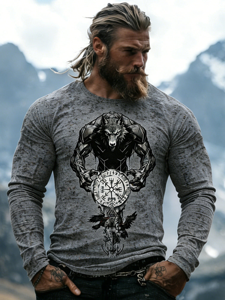 Comstylish Men's Retro Werewolf With Viking Vegvisir Print Graphic T-shirt