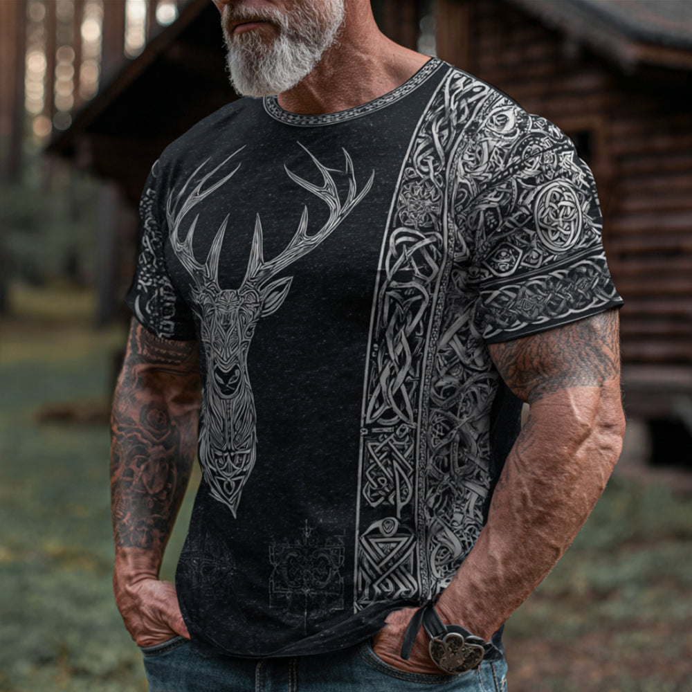 Comstylish Viking Deer Pattern And Celtic Knot Art Distressed Round Neck Short Sleeve