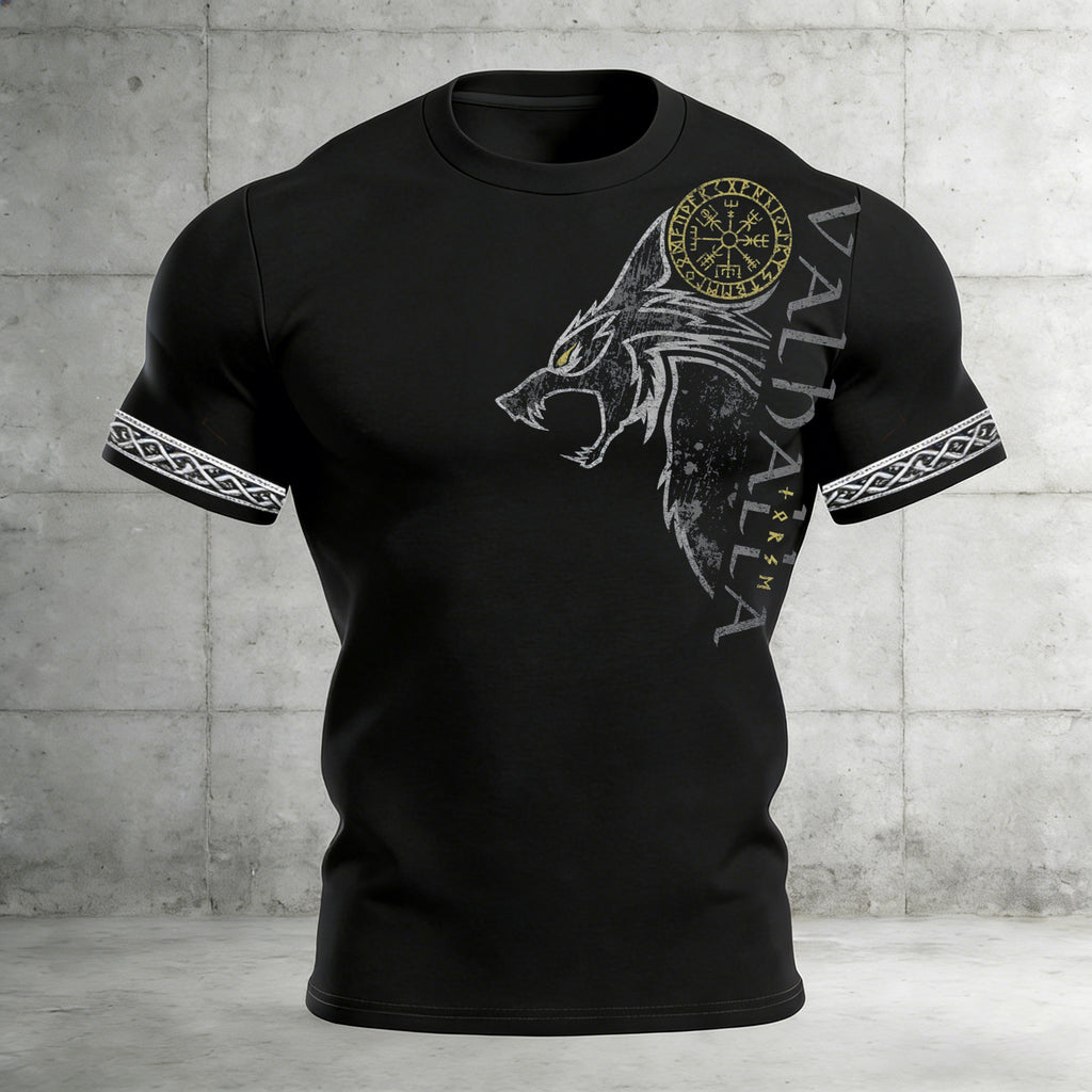 Comstylish Men's Retro Viking Valhalla With Wolf Rune Print Short-sleeve T-shirt