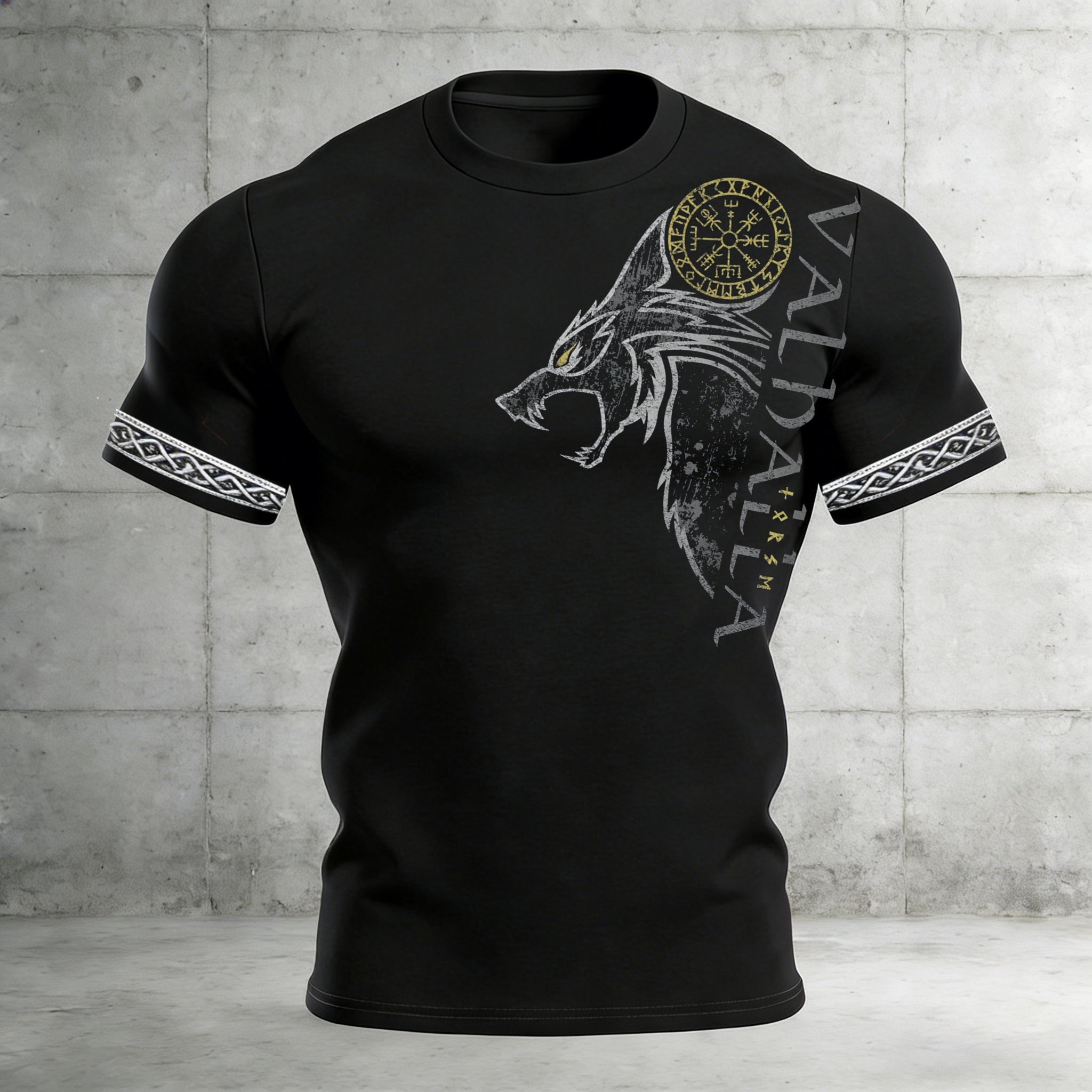 Comstylish Men's Retro Viking Valhalla With Wolf Rune Print Short-sleeve T-shirt