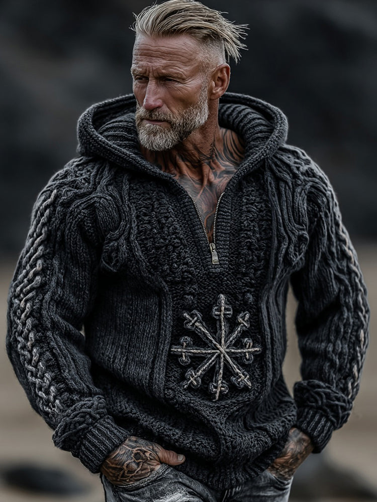 Easywear Men's Viking Vegvisir Celtic Knot Jacquard Knitted Half-zip Hooded Sweater