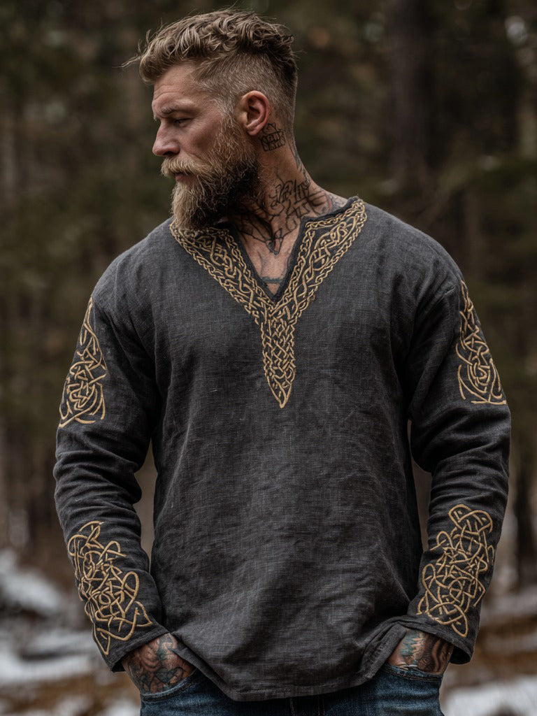 Comstylish Men's Retro Viking Celtic Knot Linen Shirt