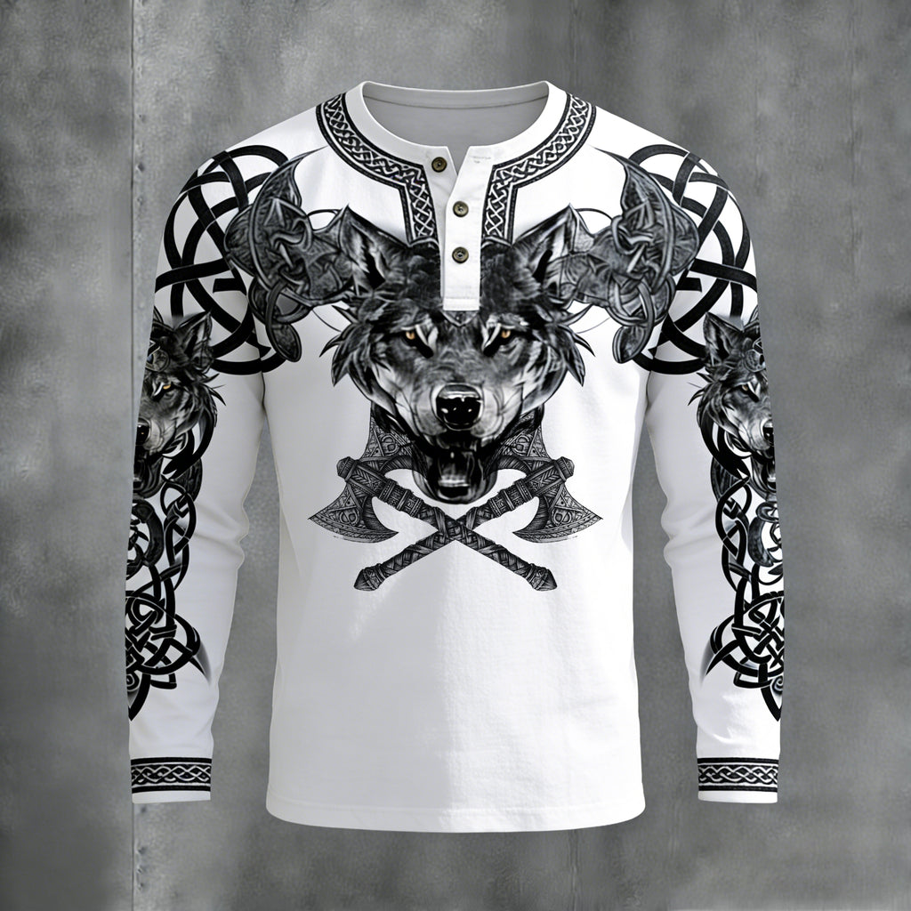 Comstylish Men's Retro Viking Celtic Wolf With Axe Print Graphic Henley Collar T-shirt