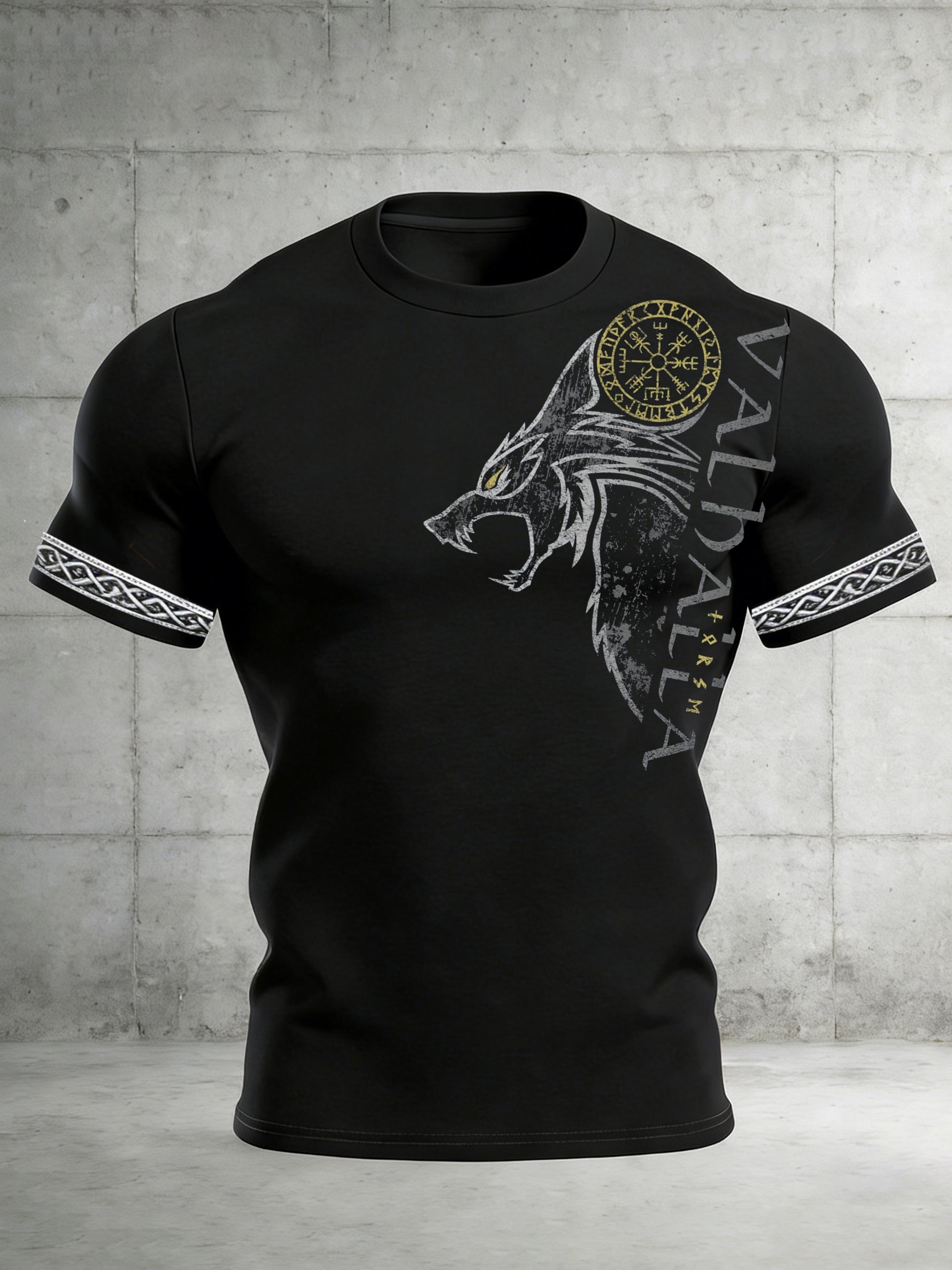 Comstylish Men's Retro Viking Valhalla With Wolf Rune Print Short-sleeve T-shirt
