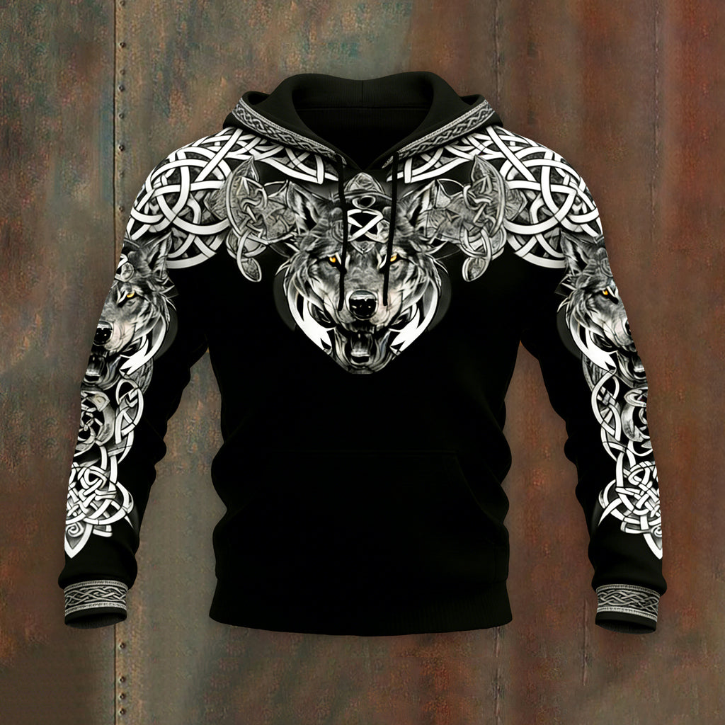 Comstylish Men's Retro Viking Wolf With Celtic Knot Print Graphic Hoodie