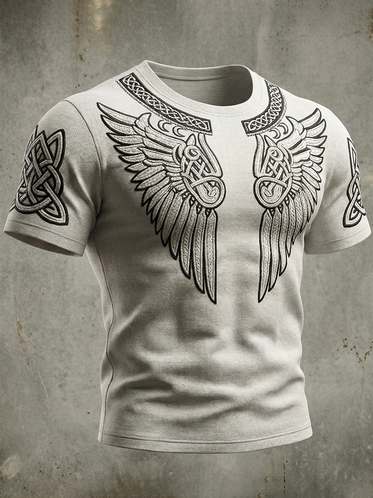 Comstylish Men's Viking Tribal Jacquard Celtic With Wings Inspired Art Print Short-sleeve T-shirt