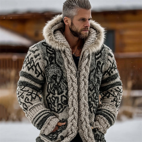 Easywear Men's Viking Totem Celtic Chunky Cozy Fur Hooded Cardigan