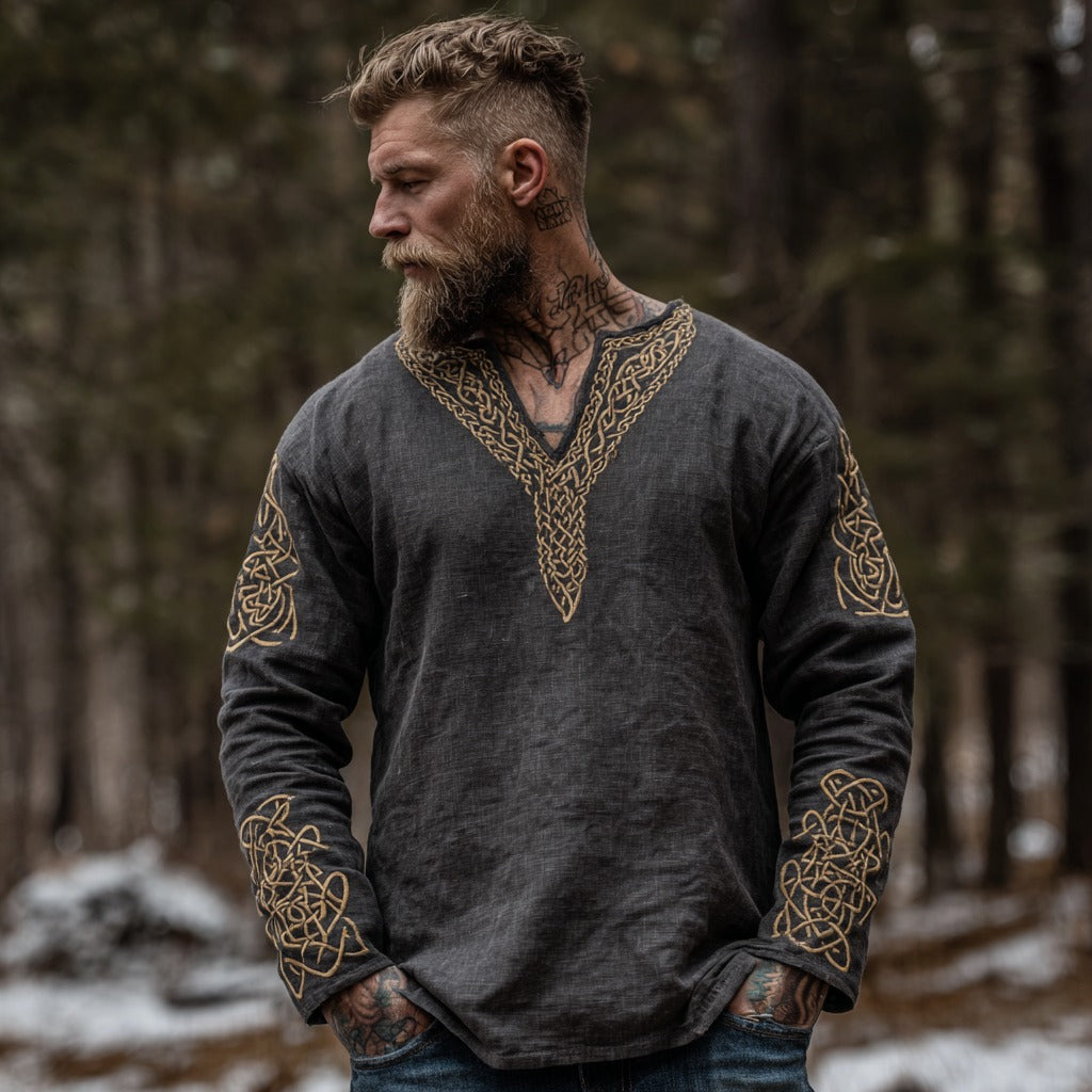 Comstylish Men's Retro Viking Celtic Knot Linen Shirt