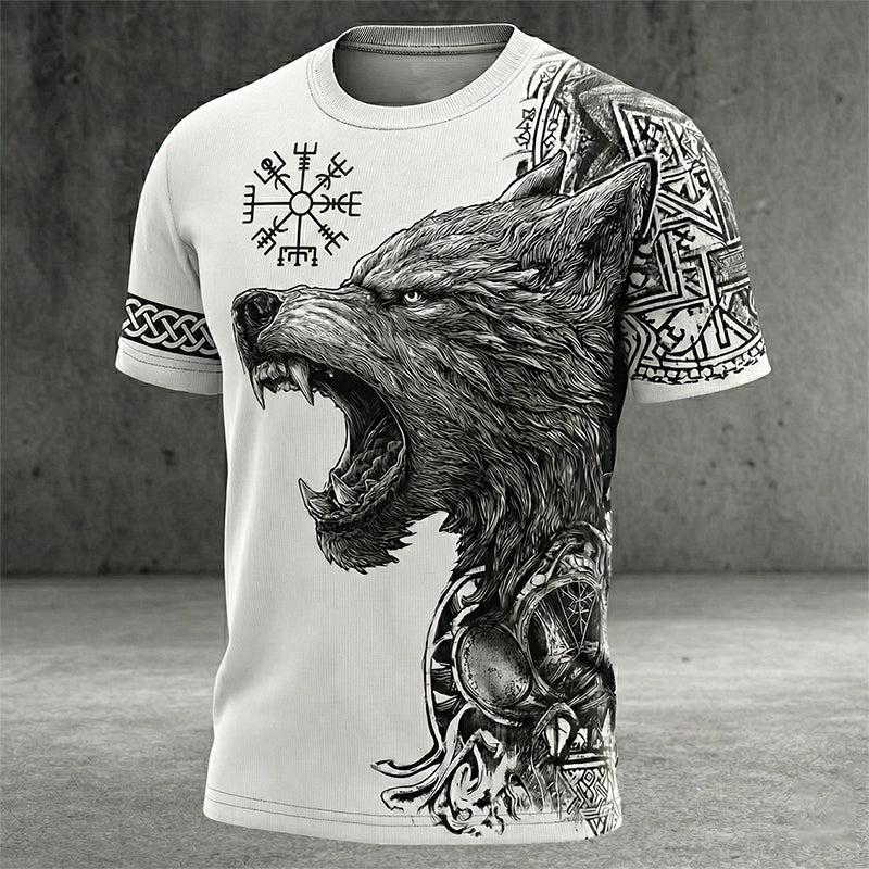 Comstylish Men's Retro Viking Wolf Rune Print Short-sleeve T-shirt