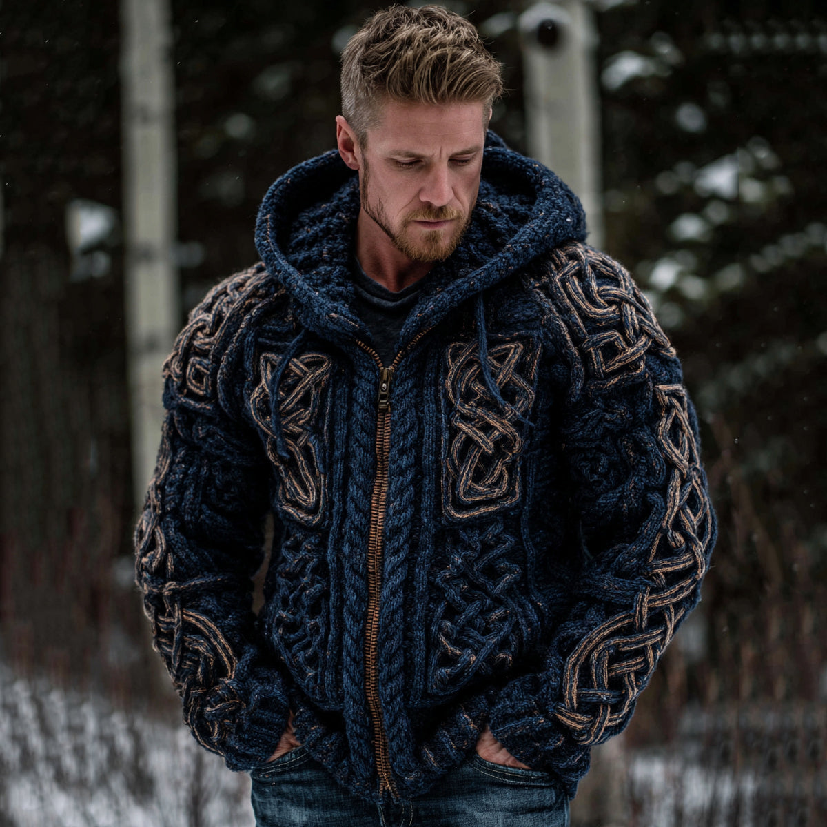 Easywear Men's Vintage Viking Celtic Knot Art Zip Cozy Hooded Cardigan