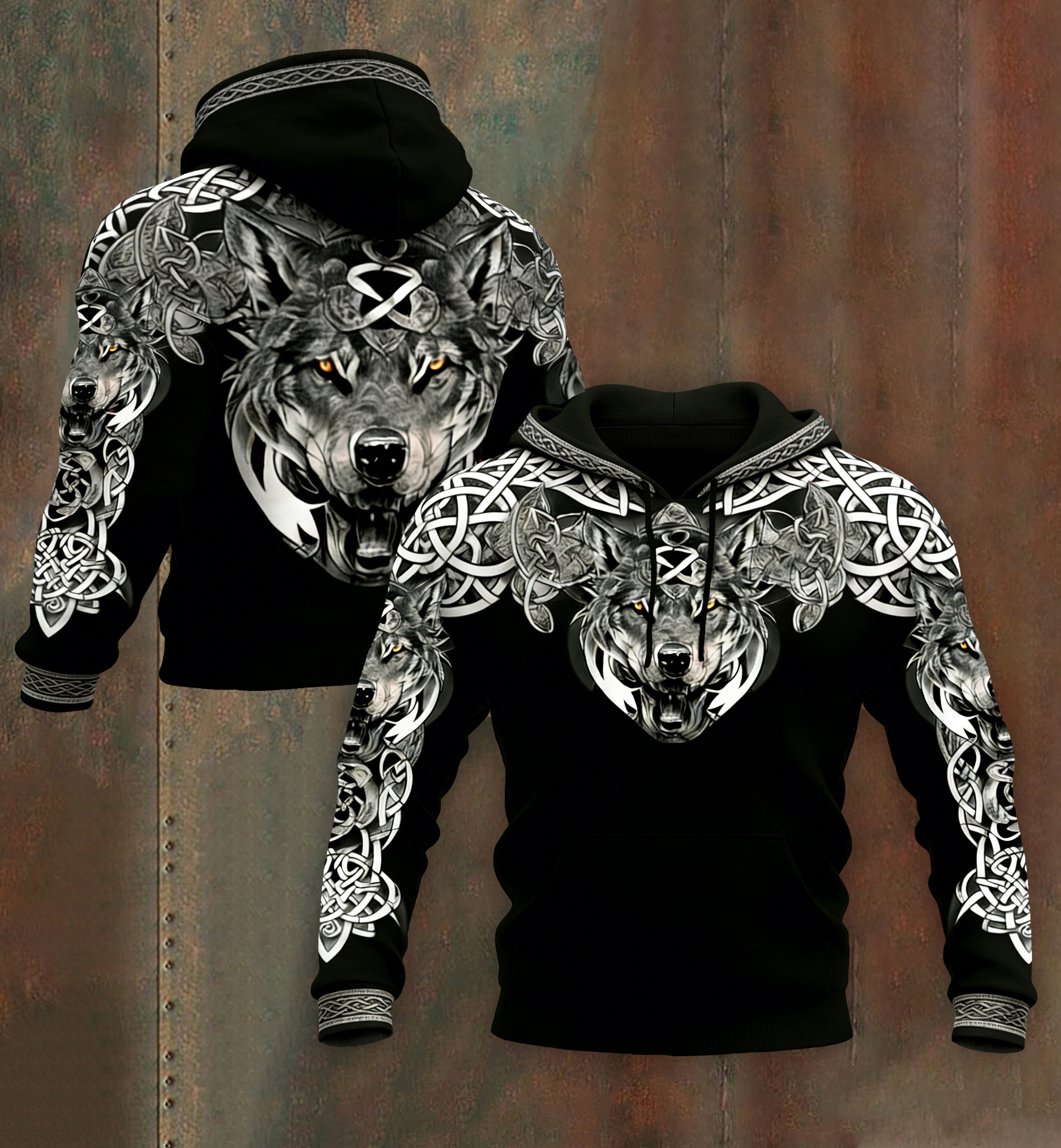Comstylish Men's Retro Viking Wolf With Celtic Knot Print Graphic Hoodie