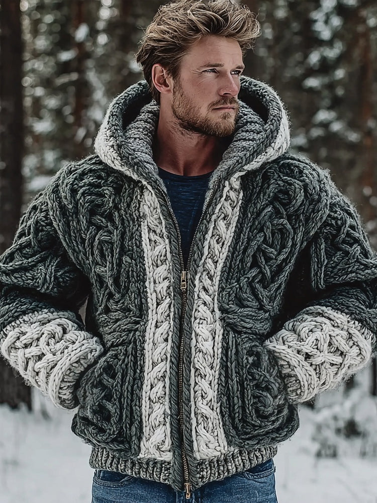 Easywear Pull à Capuche Homme Viking Vintage Tricot Épais à Fermeture Éclair Complète & Nœud Celtique