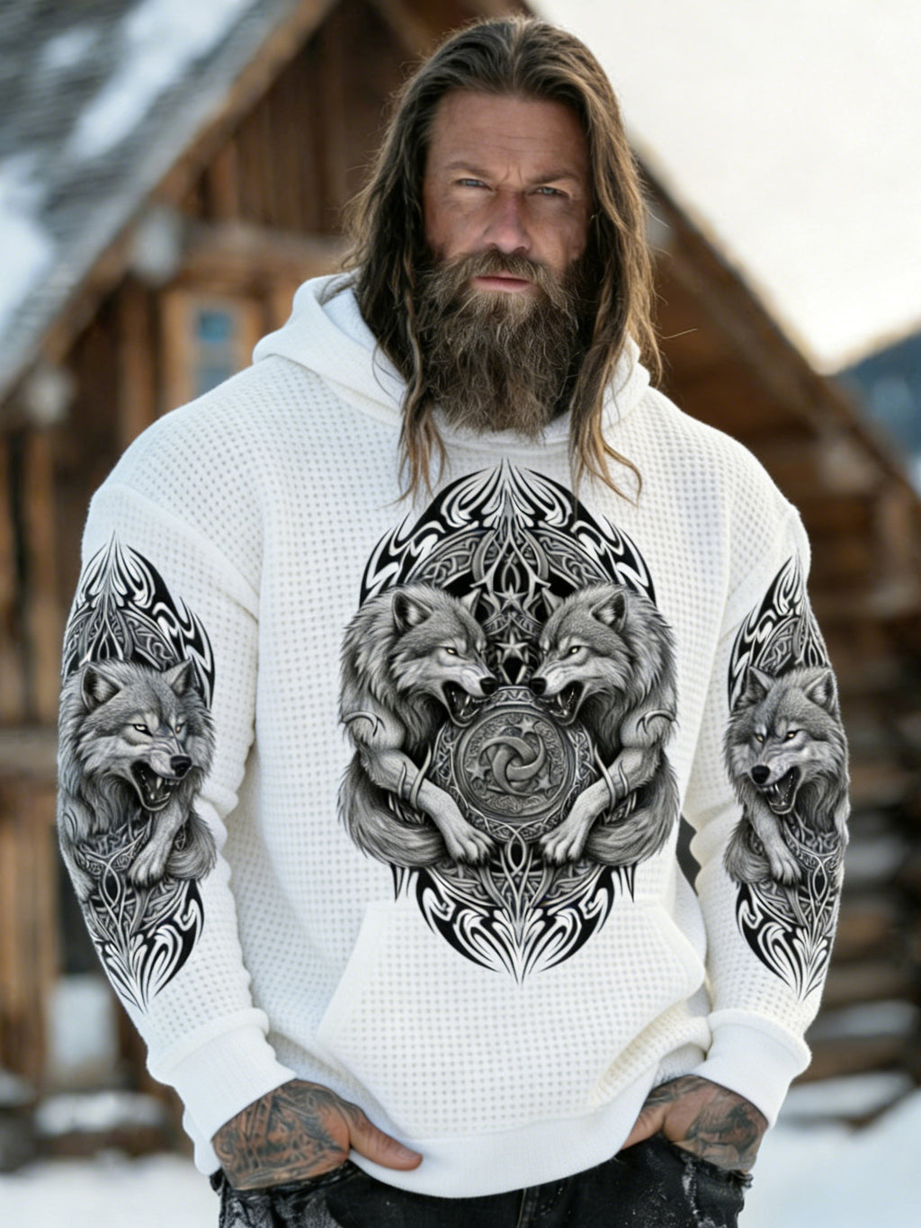 Comstylish Men's Retro Viking Wolf With Flame Print Graphic Waffle Knit Hoodie