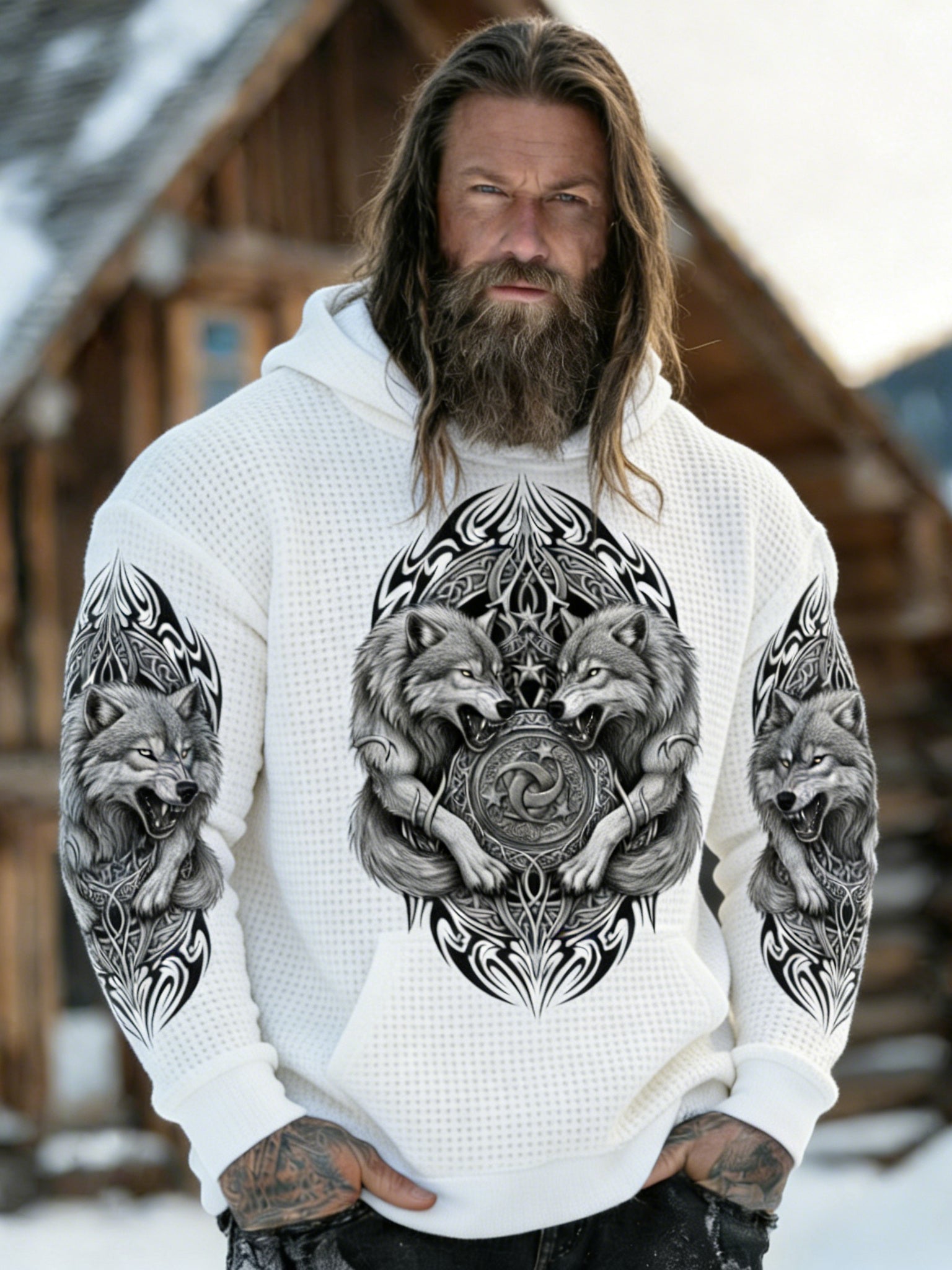 Comstylish Men's Retro Viking Wolf With Flame Print Graphic Waffle Knit Hoodie