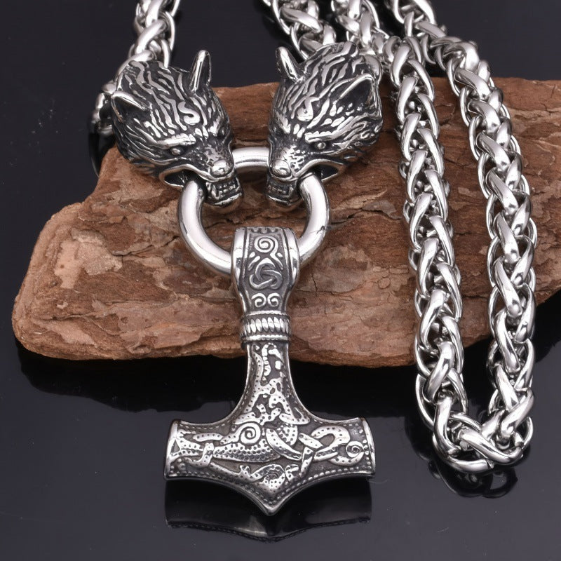 Comstylish Viking Wolf Head Thor's Hammer Pendant Necklace