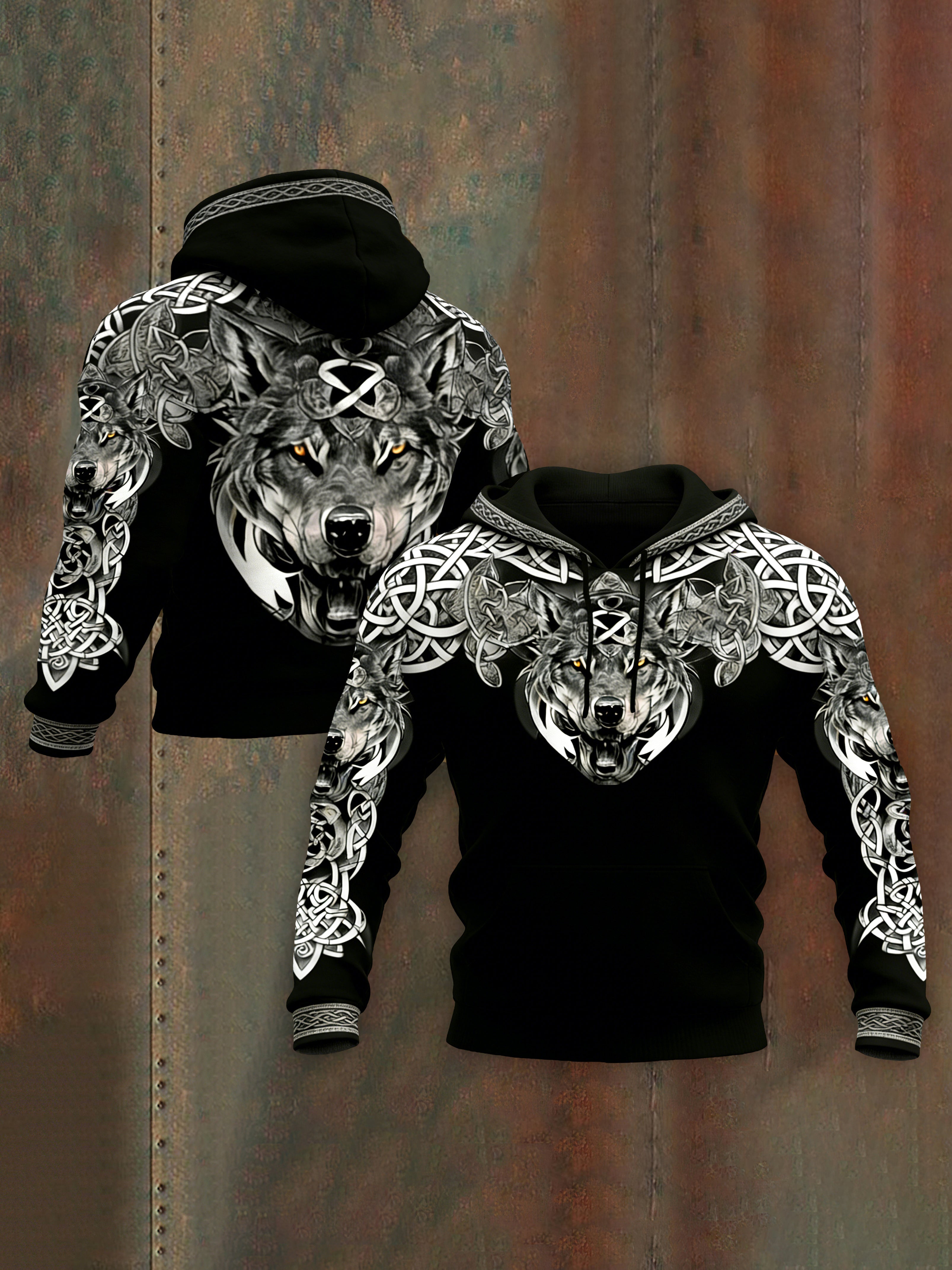 Comstylish Men's Retro Viking Wolf With Celtic Knot Print Graphic Hoodie