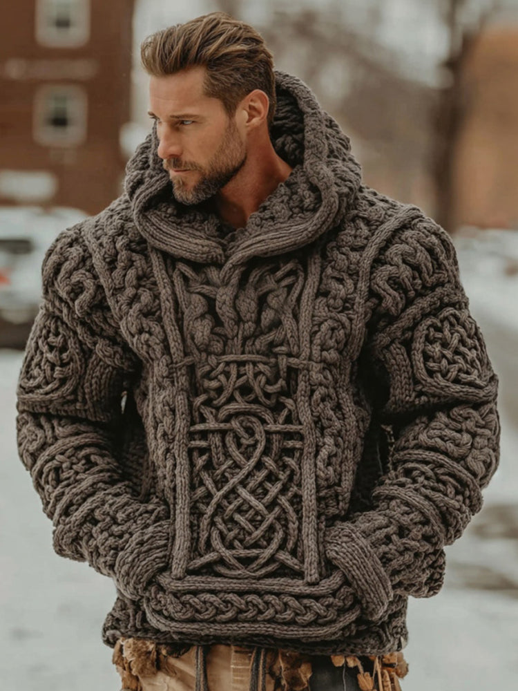 Easywear Men's Retro Celtic Knot Hooded Knit Sweater