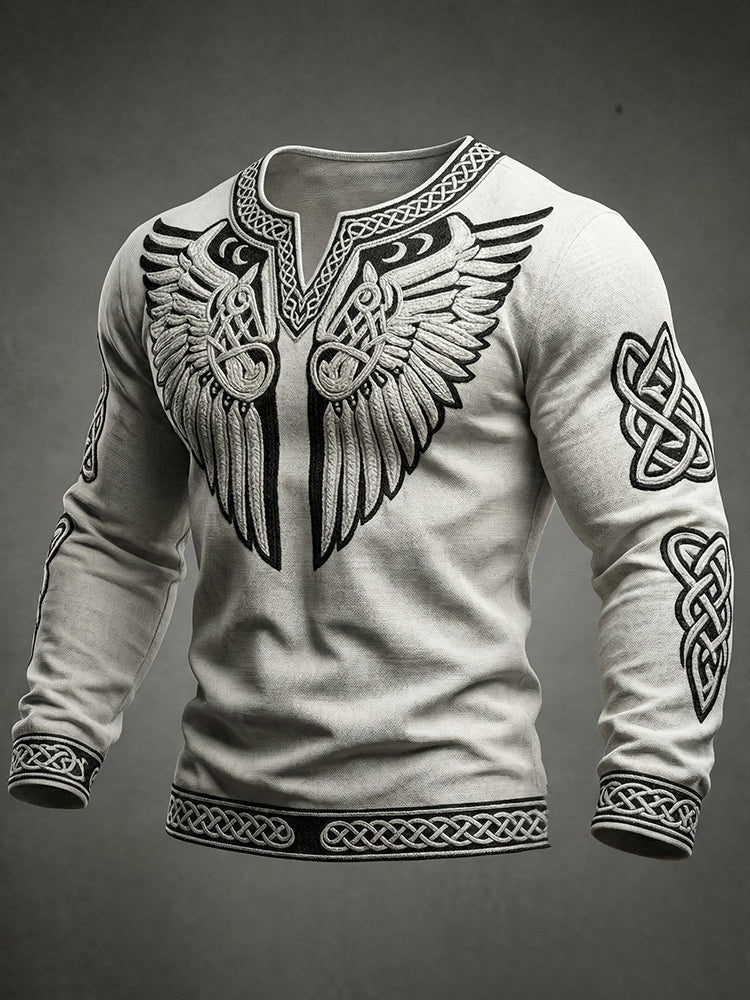 Comstylish Men's Viking Tribal Jacquard Celtic With Wings Inspired Art Casual Linen Tops