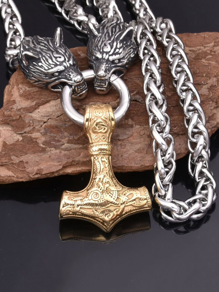 Comstylish Viking Wolf Head Thor's Hammer Pendant Necklace