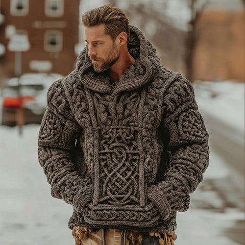 Easywear Men's Retro Celtic Knot Hooded Knit Sweater