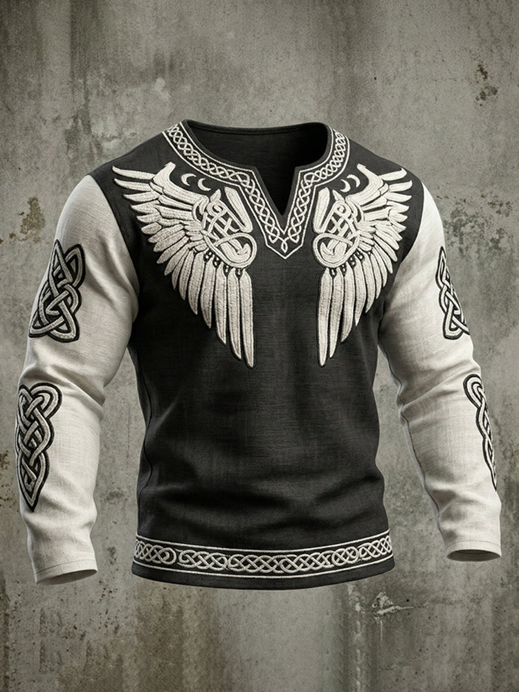 Comstylish Men's Viking Tribal Jacquard Celtic With Wings Inspired Art Casual Linen Tops