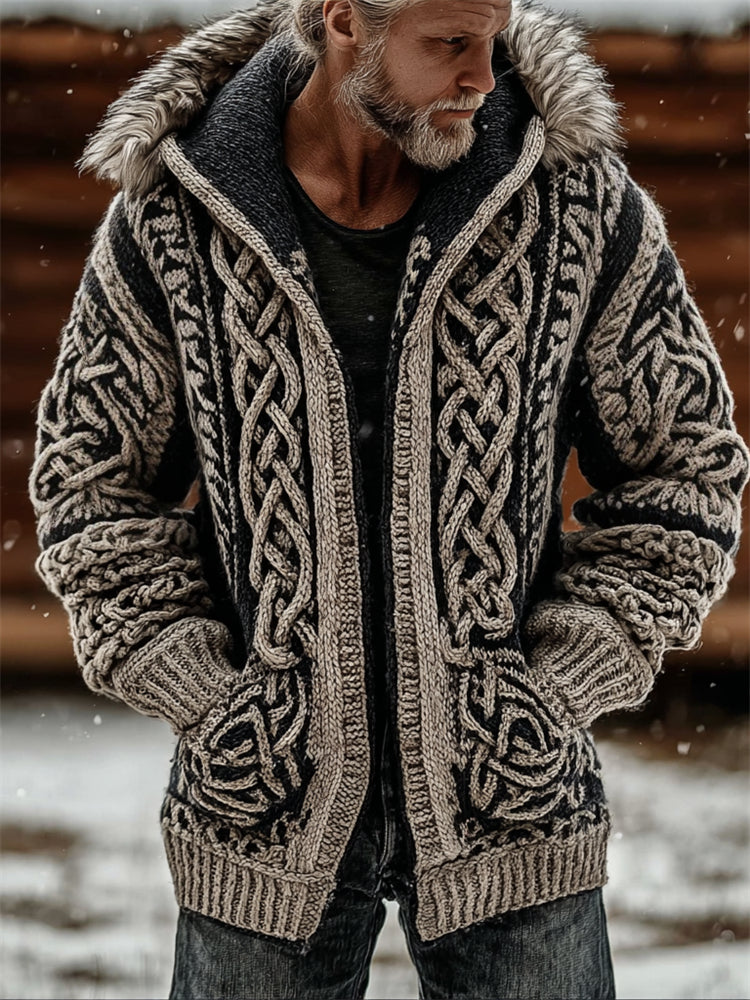 Easywear Men's Viking Celtic Knot Chunky Cozy Fur Hooded Cardigan