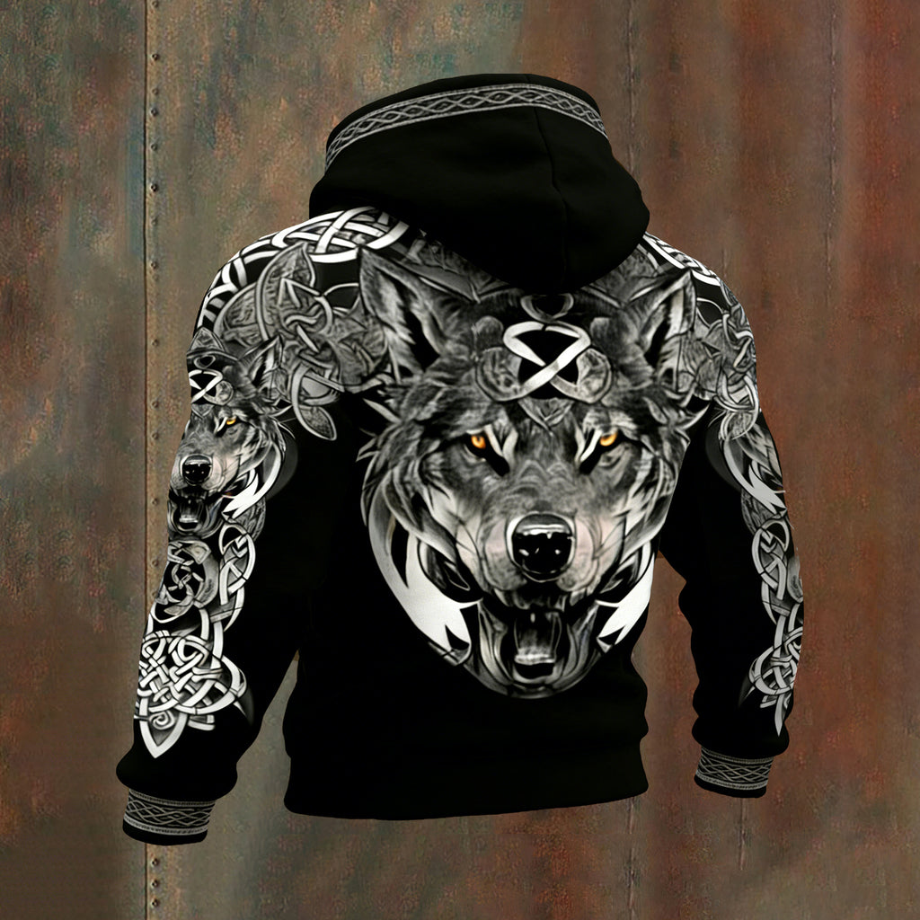 Comstylish Men's Retro Viking Wolf With Celtic Knot Print Graphic Hoodie