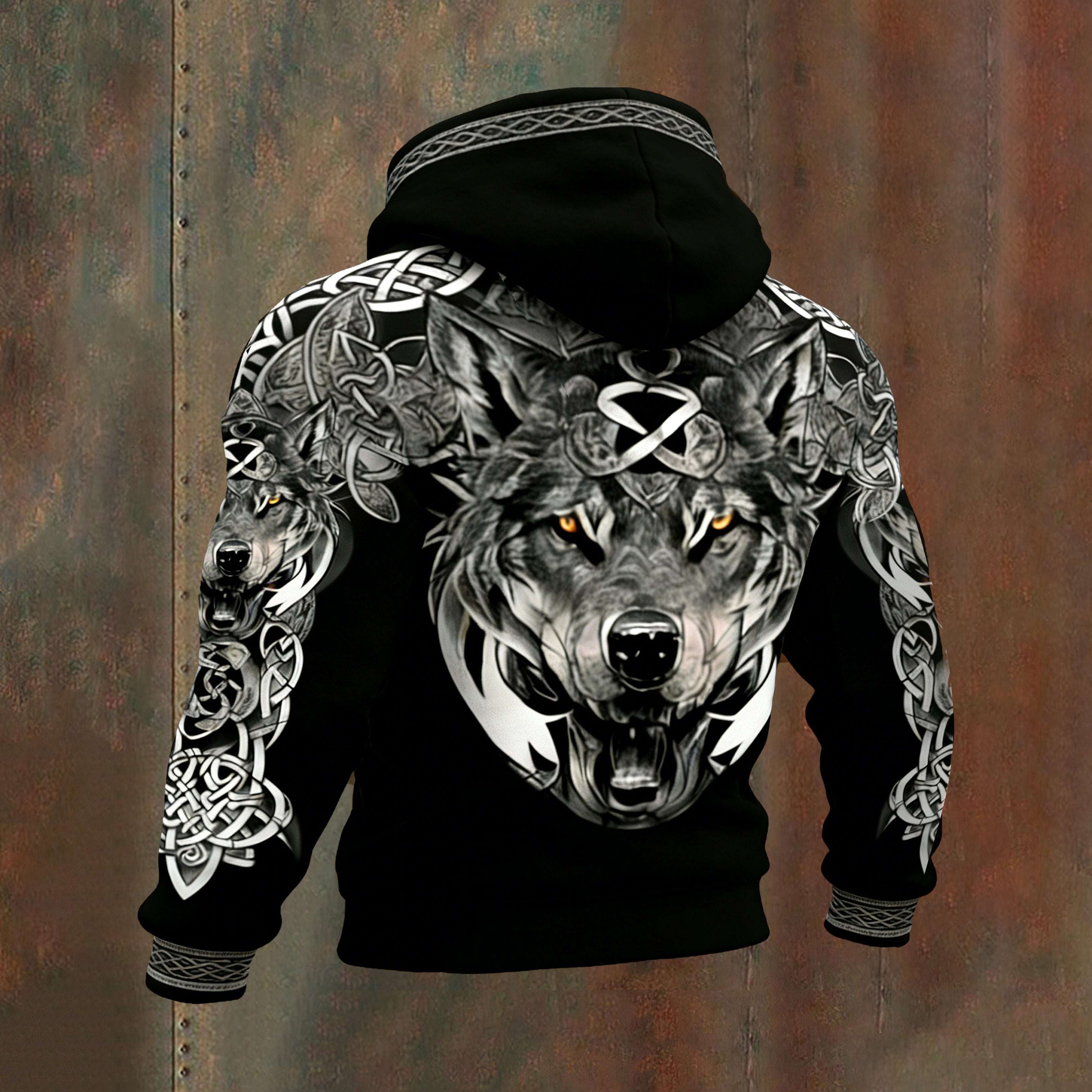 Comstylish Men's Retro Viking Wolf With Celtic Knot Print Graphic Hoodie