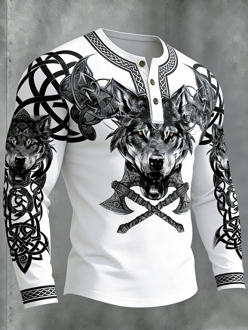 Comstylish Men's Retro Viking Celtic Wolf With Axe Print Graphic Henley Collar T-shirt