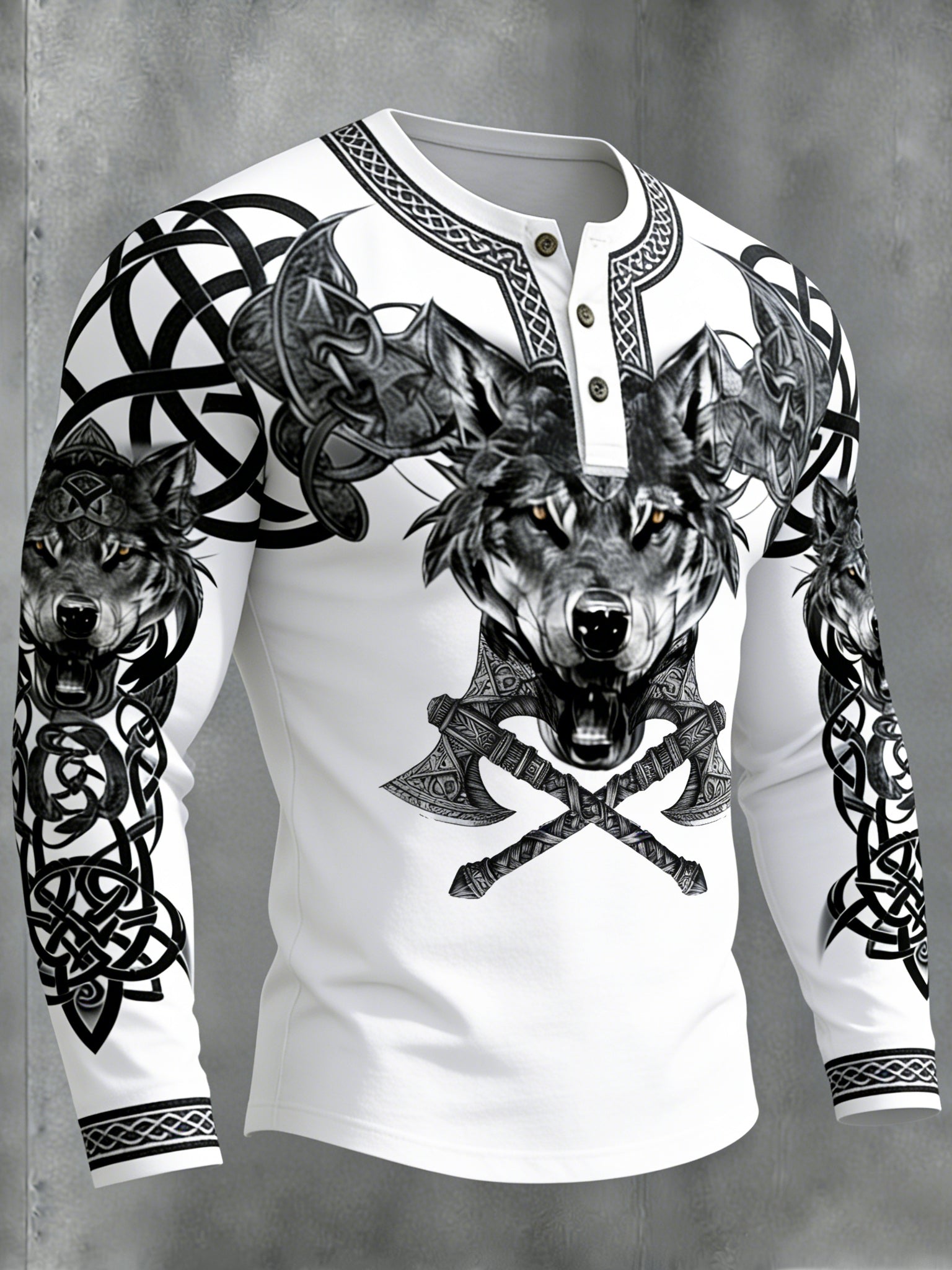 Comstylish Men's Retro Viking Celtic Wolf With Axe Print Graphic Henley Collar T-shirt