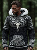 Easywear Viking Tribe Skull Deer Head Art Men's Knit Hooded Sweater
