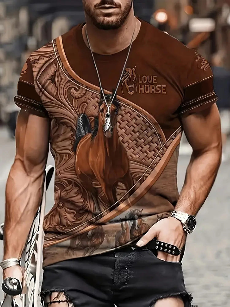 Comstylish Love Horse Leather Patchwork Vintage Men's T-Shirt