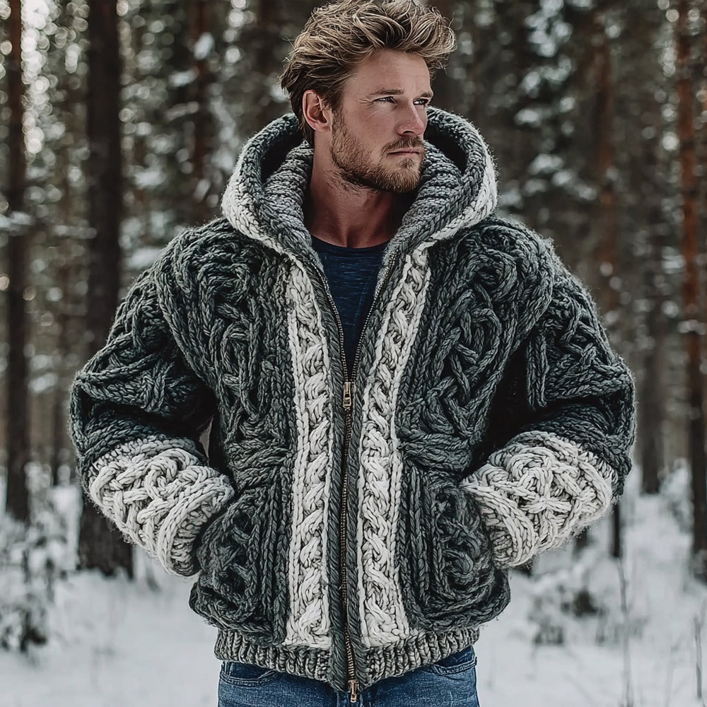 Easywear Pull à Capuche Homme Viking Vintage Tricot Épais à Fermeture Éclair Complète & Nœud Celtique