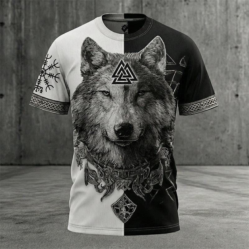 Comstylish Men's Retro Viking Wolf Rune Yingyang Print Short-sleeve T-shirt