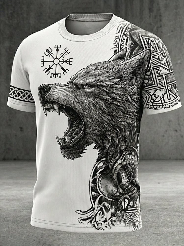 Comstylish Men's Retro Viking Wolf Rune Print Short-sleeve T-shirt
