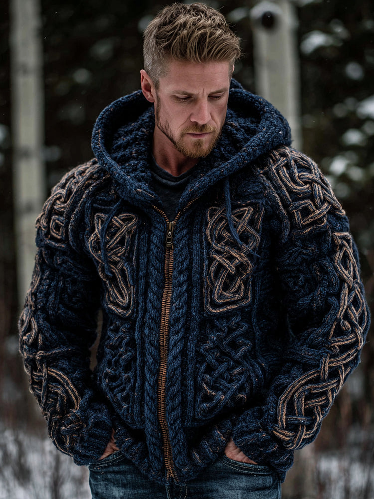Easywear Men's Vintage Viking Celtic Knot Art Zip Cozy Hooded Cardigan