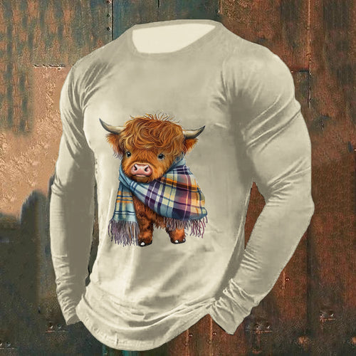 Comstylish Men's Highland Cow Print Crew Neck Casual T-Shirt