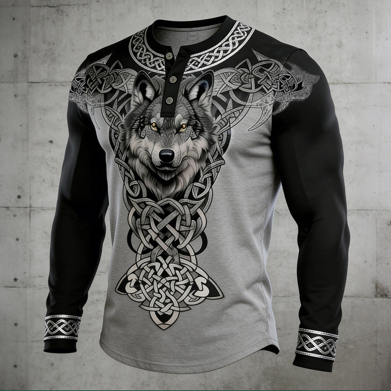 Comstylish Men's Retro Viking Wolf With Celtic Knot Print Graphic Henley Collar T-shirt