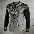 Comstylish Men's Retro Viking Wolf With Celtic Knot Print Graphic Henley Collar T-shirt