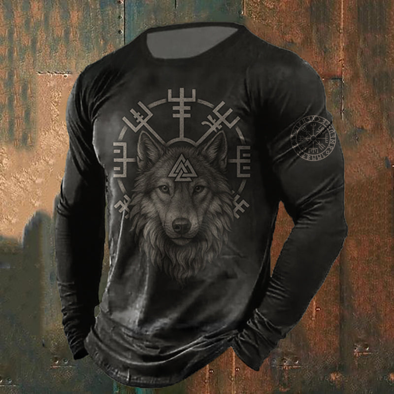 Comstylish Retro Viking Wolf Graphics Long-sleeved T-shirt