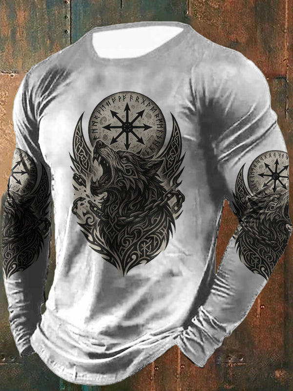 Comstylish Retro Viking Wolf Graphics Long-sleeved T-shirt