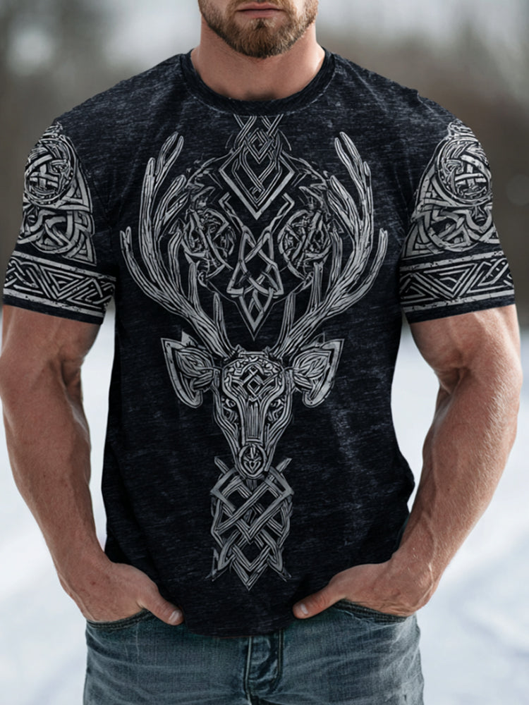 Comstylish Viking Deer Pattern And Celtic Knot Round Neck Short Sleeve