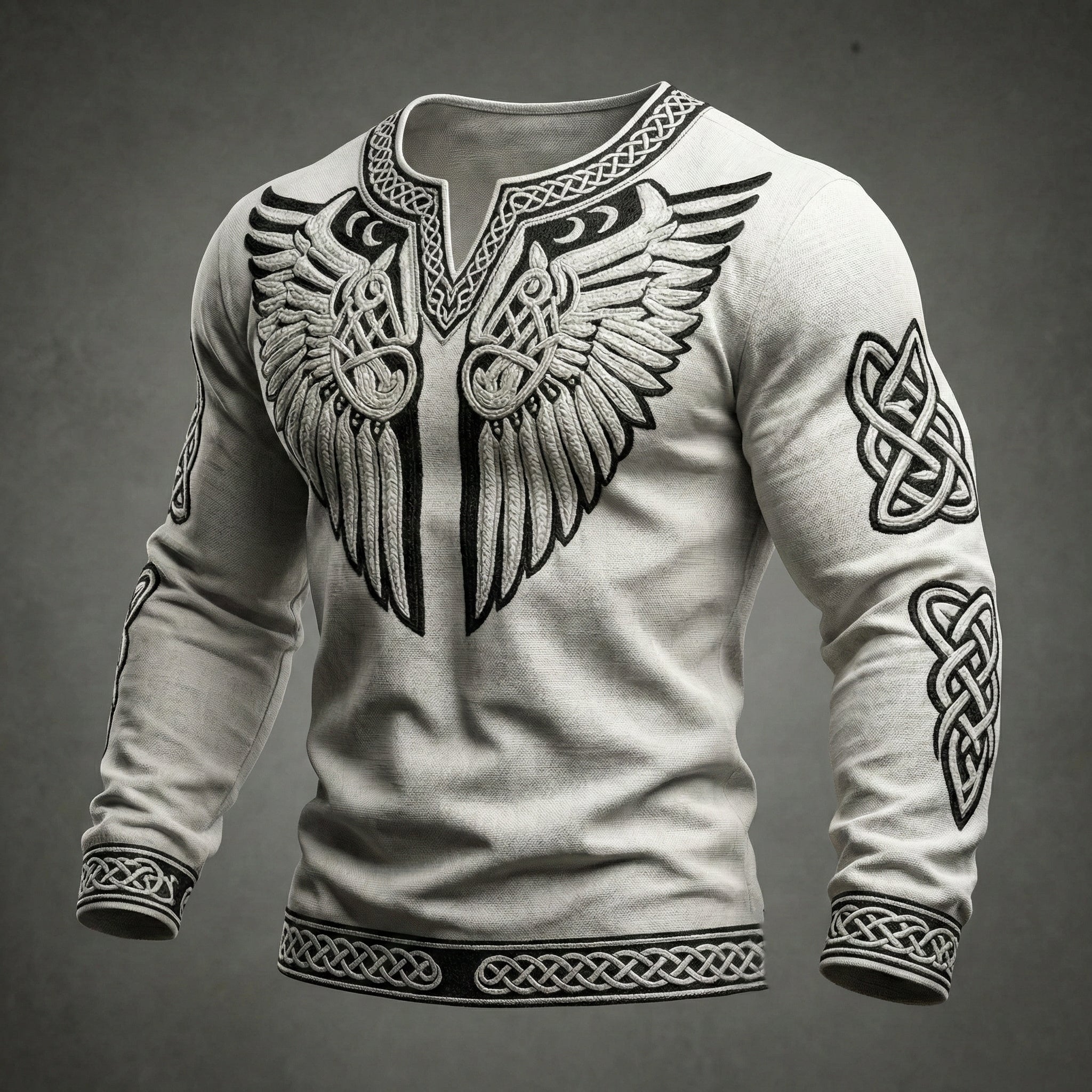 Comstylish Men's Viking Tribal Jacquard Celtic With Wings Inspired Art Casual Linen Tops