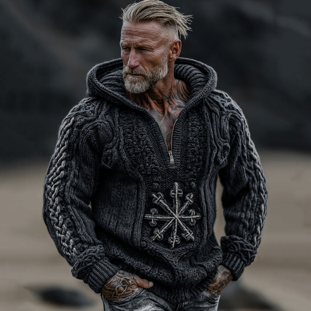 Easywear Men's Viking Vegvisir Celtic Knot Jacquard Knitted Half-zip Hooded Sweater