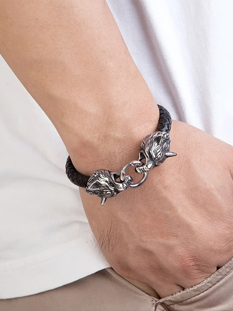 Comstylish Viking Wolf Head Handmade Leather Bracelet