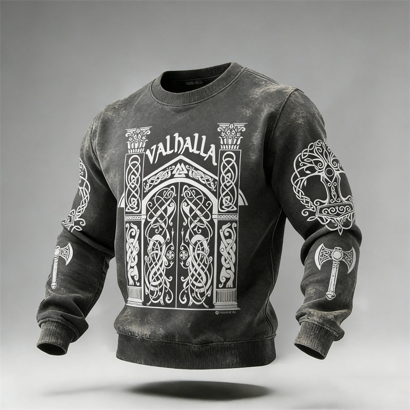 Comstylish Men's Door Of Valhalla Tree Of Life Viking Washed Sweatshirt