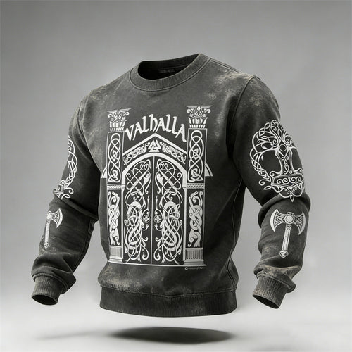 Comstylish Men's Door Of Valhalla Tree Of Life Viking Washed Sweatshirt
