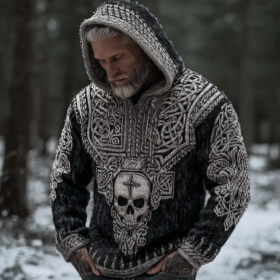 Easywear Vintage Viking Dark Skull And Cross Pattern Men's Hooded Sweater